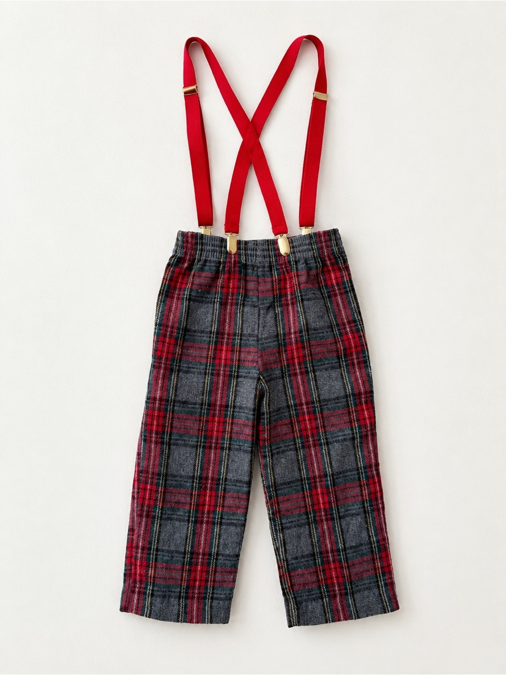 Vintage Toddler Plaid Suspender Pants 3T Red Gray Tartan Holiday Wool USA
